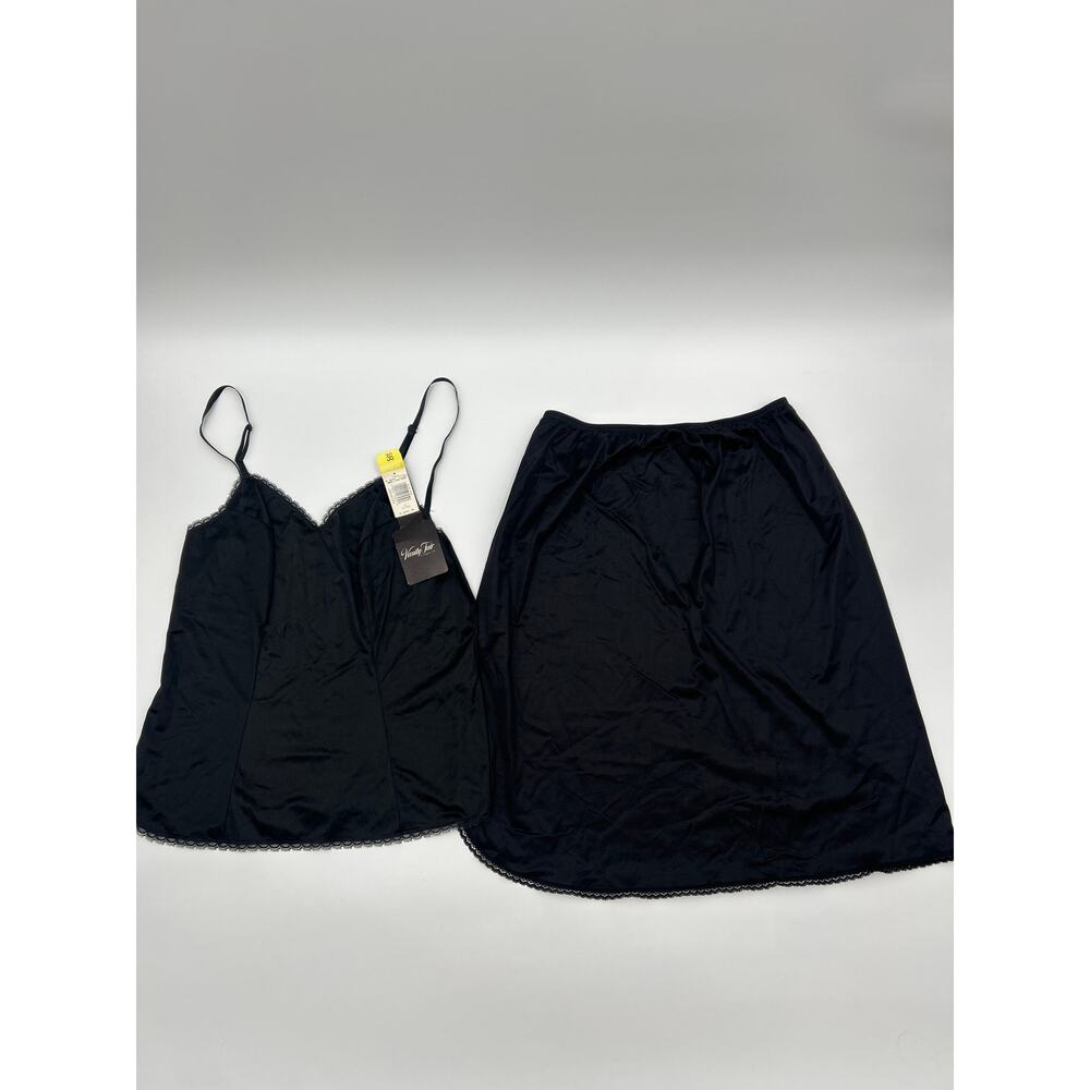 Vanity Fair Large Black Nylon Slip Skirt  Camisole Set Lace Trim Vintage